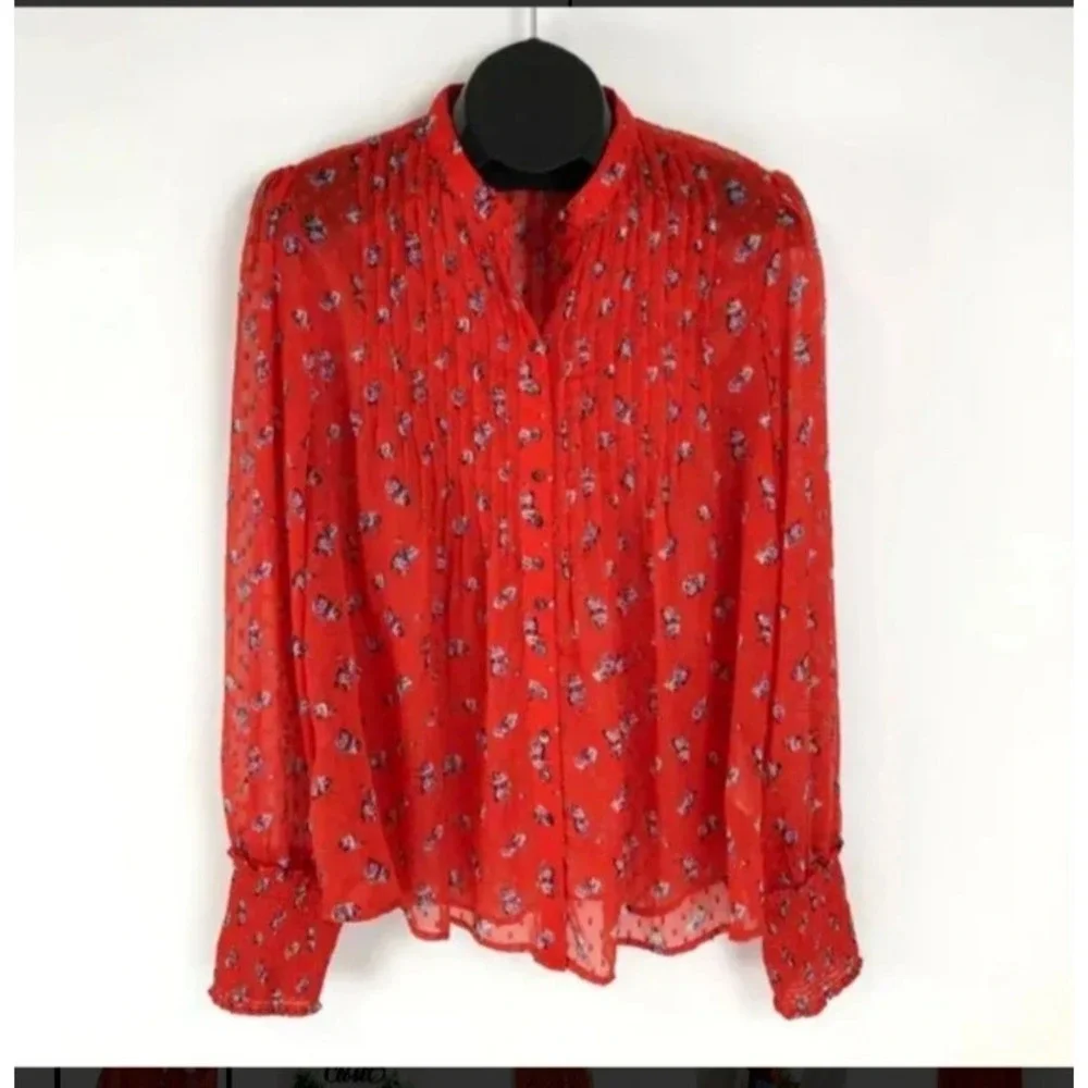 Free People Floral Blouse Womens S Red Cottagecore Pintuck Swiss Dot Sheer Top‎